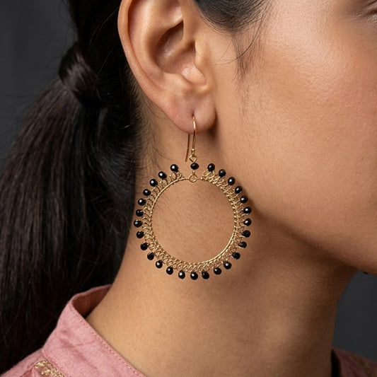 Black Czech Beads Oval Hoop Earrings in Gold Tone Handmade Minimalist Dangle Jewelry - MPER163