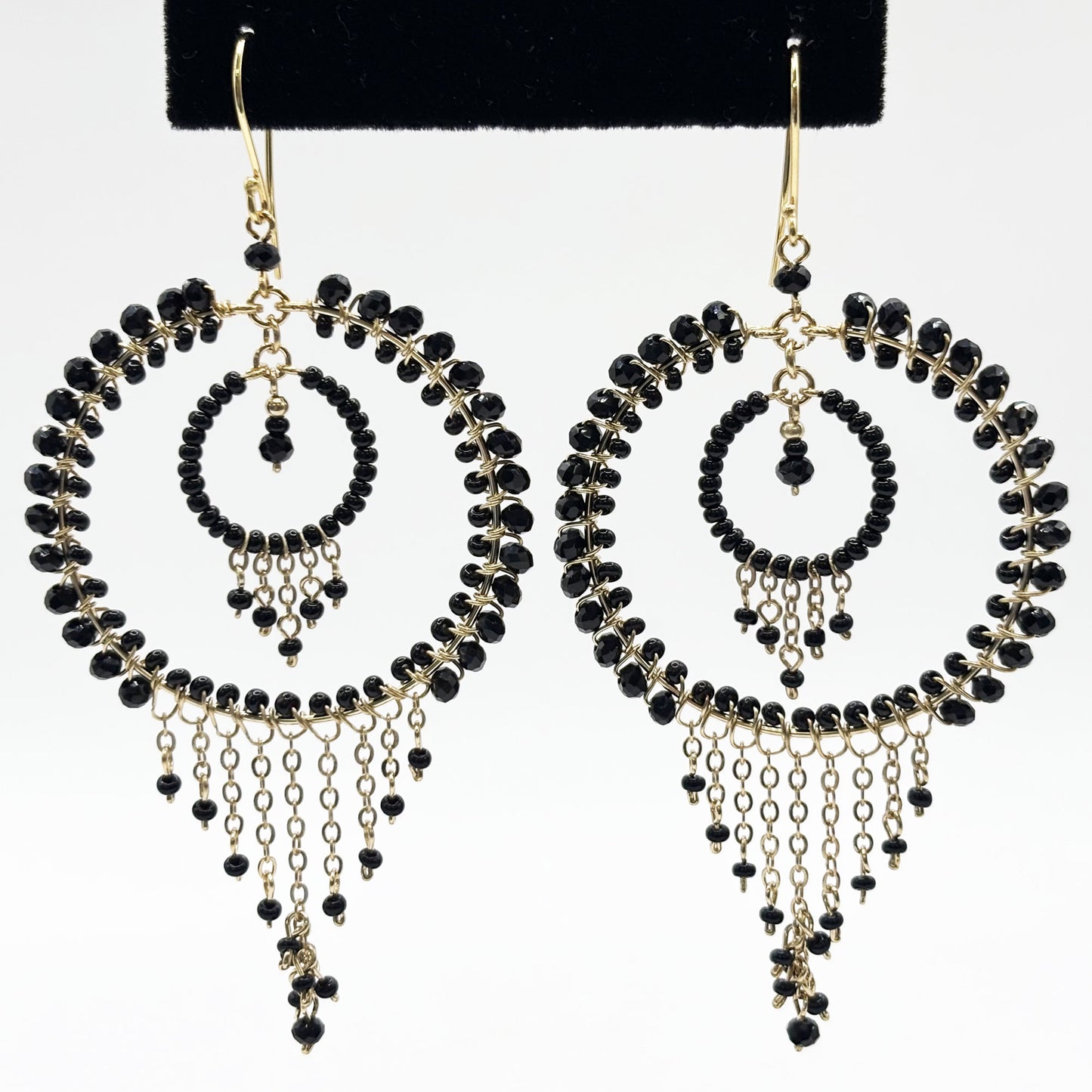 Black Czech Beads Chandelier Hoop Earrings in Gold Tone Handmade Elegant Dangle Statement Jewelry - MPER164