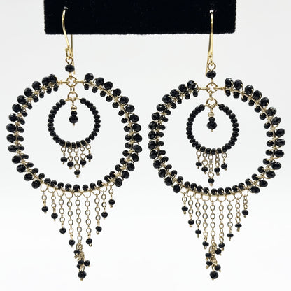 Black Czech Beads Chandelier Hoop Earrings in Gold Tone Handmade Elegant Dangle Statement Jewelry - MPER164