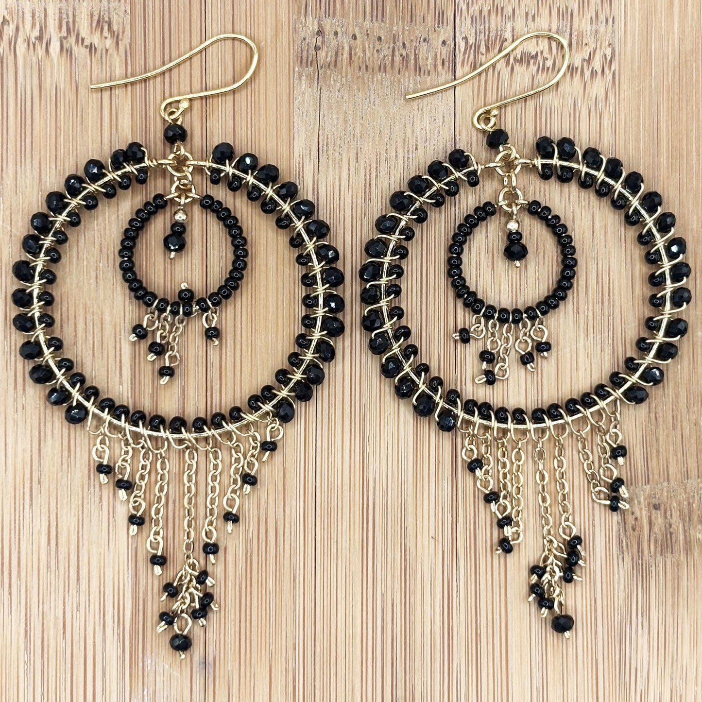 Black Czech Beads Chandelier Hoop Earrings in Gold Tone Handmade Elegant Dangle Statement Jewelry - MPER164