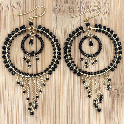 Black Czech Beads Chandelier Hoop Earrings in Gold Tone Handmade Elegant Dangle Statement Jewelry - MPER164