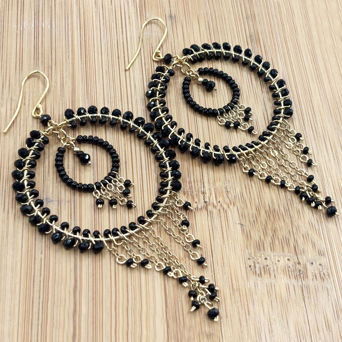 Black Czech Beads Chandelier Hoop Earrings in Gold Tone Handmade Elegant Dangle Statement Jewelry - MPER164