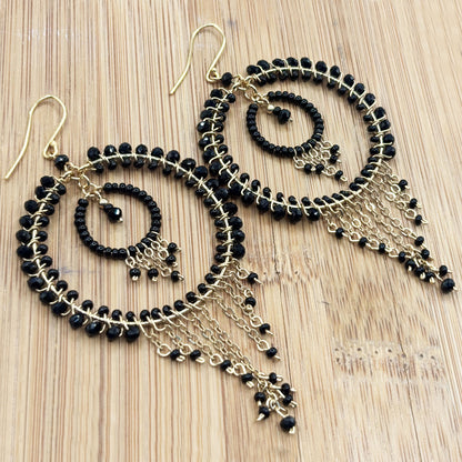 Black Czech Beads Chandelier Hoop Earrings in Gold Tone Handmade Elegant Dangle Statement Jewelry - MPER164