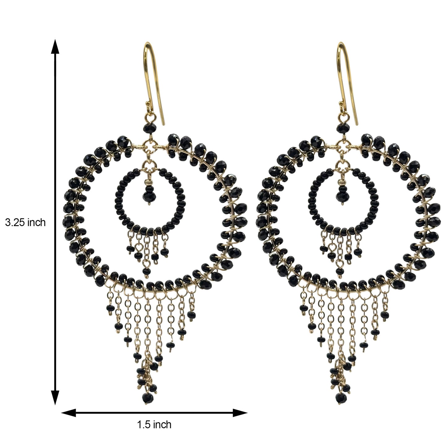 Black Czech Beads Chandelier Hoop Earrings in Gold Tone Handmade Elegant Dangle Statement Jewelry - MPER164