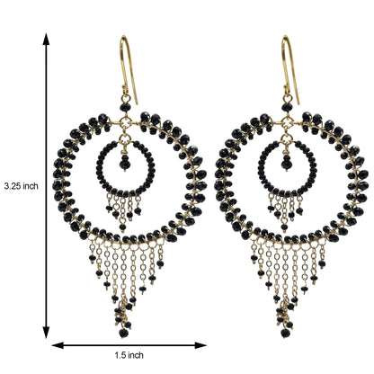 Black Czech Beads Chandelier Hoop Earrings in Gold Tone Handmade Elegant Dangle Statement Jewelry - MPER164