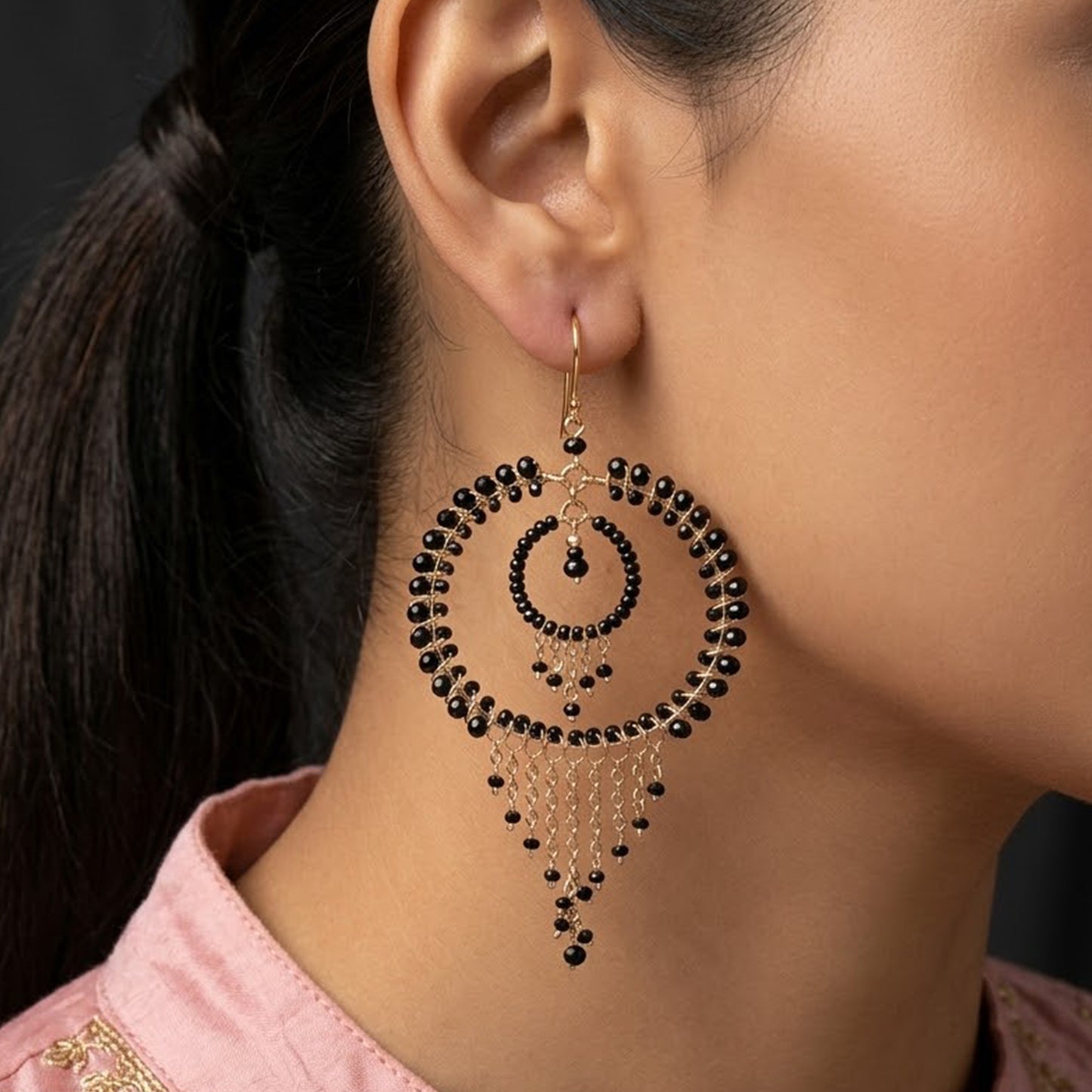 Black Czech Beads Chandelier Hoop Earrings in Gold Tone Handmade Elegant Dangle Statement Jewelry - MPER164