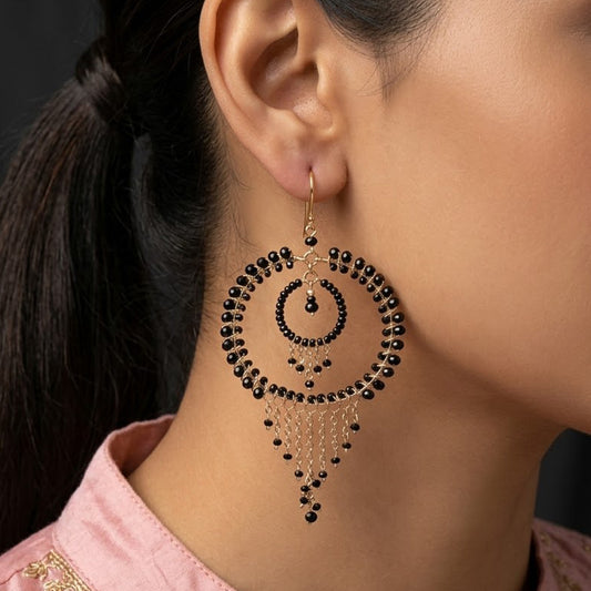 Black Czech Beads Chandelier Hoop Earrings in Gold Tone Handmade Elegant Dangle Statement Jewelry - MPER164
