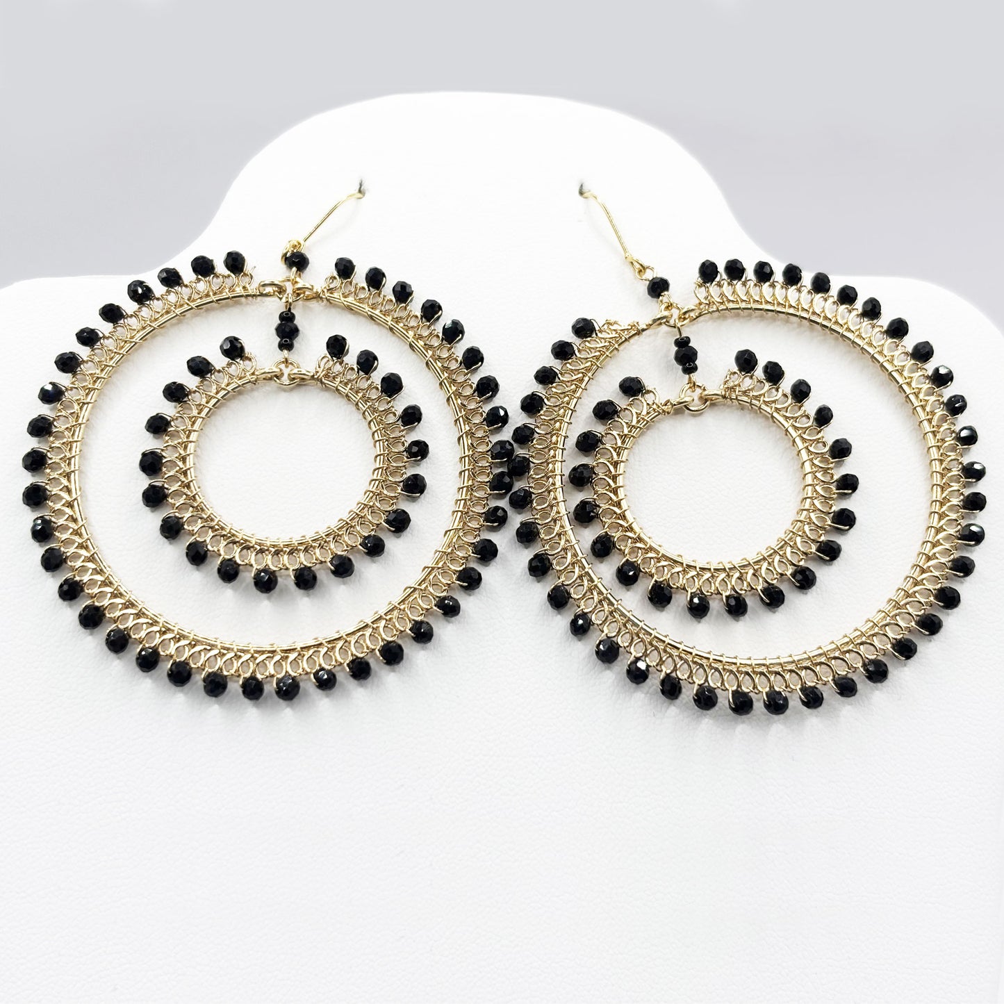 Black Czech Beads Double Hoop Earrings in Gold Tone Handmade Elegant Statement Jewelry - MPER165