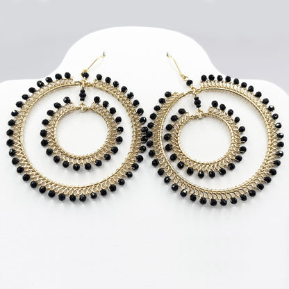 Black Czech Beads Double Hoop Earrings in Gold Tone Handmade Elegant Statement Jewelry - MPER165
