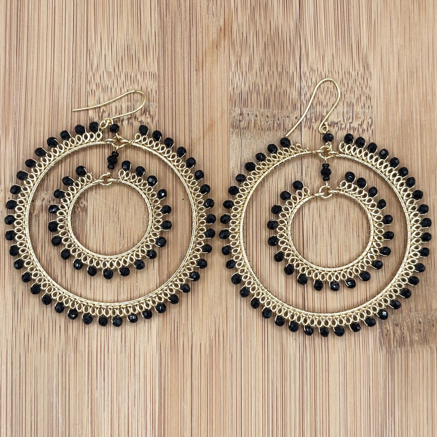 Black Czech Beads Double Hoop Earrings in Gold Tone Handmade Elegant Statement Jewelry - MPER165