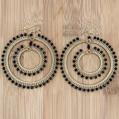 Black Czech Beads Double Hoop Earrings in Gold Tone Handmade Elegant Statement Jewelry - MPER165