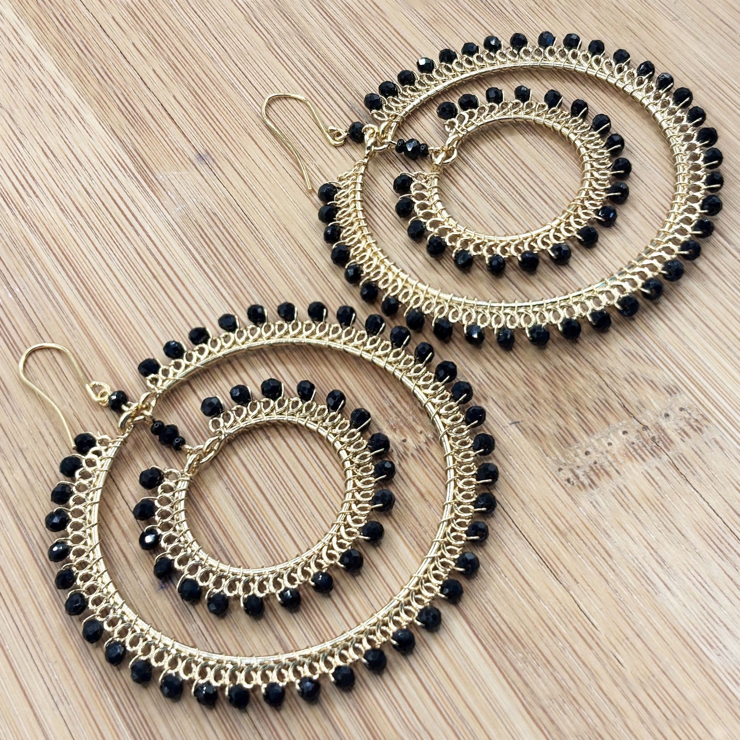 Black Czech Beads Double Hoop Earrings in Gold Tone Handmade Elegant Statement Jewelry - MPER165