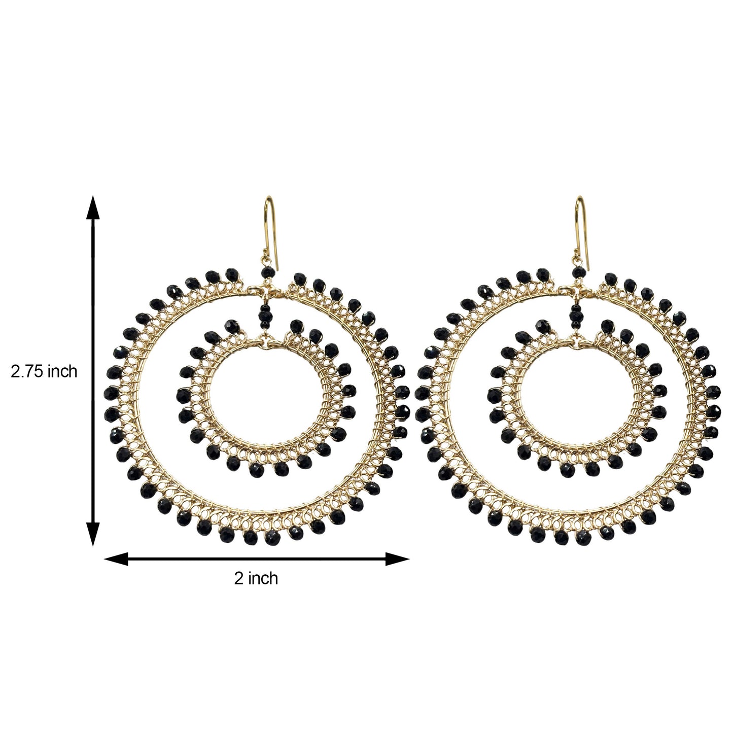 Black Czech Beads Double Hoop Earrings in Gold Tone Handmade Elegant Statement Jewelry - MPER165