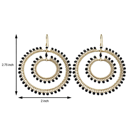 Black Czech Beads Double Hoop Earrings in Gold Tone Handmade Elegant Statement Jewelry - MPER165