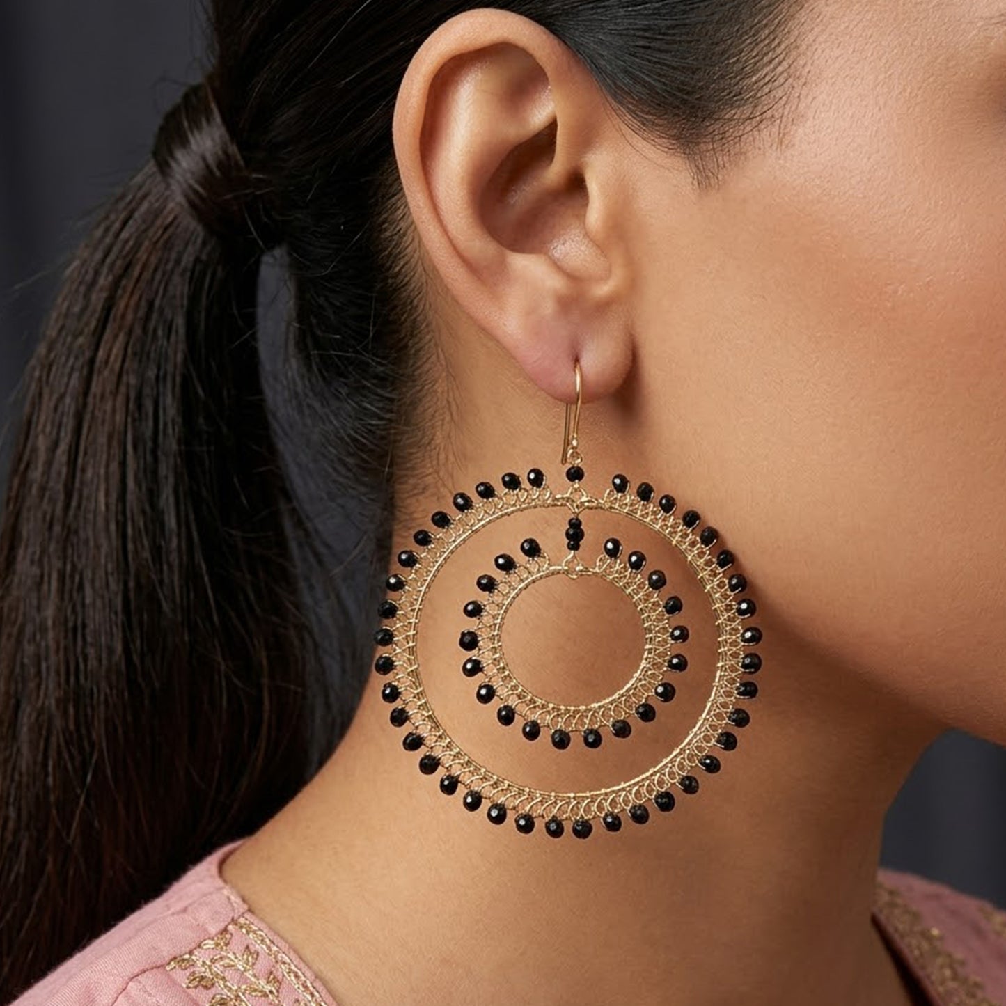 Black Czech Beads Double Hoop Earrings in Gold Tone Handmade Elegant Statement Jewelry - MPER165