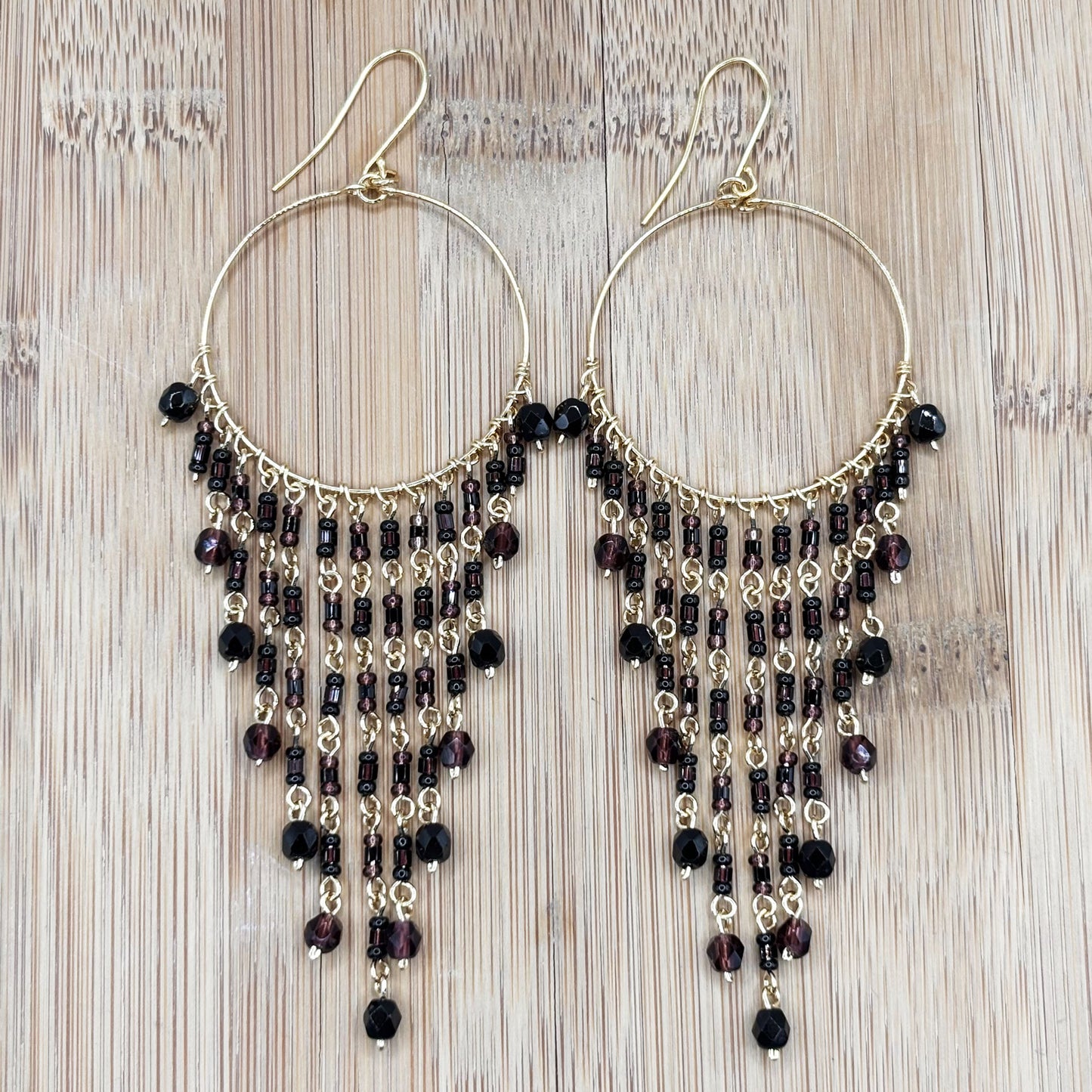 Fire Polished Beads Chandelier Hoop Earrings in Gold Tone Handmade Elegant Dangle Jewelry - MPER166