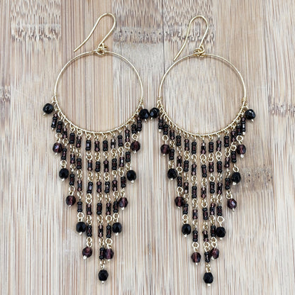 Fire Polished Beads Chandelier Hoop Earrings in Gold Tone Handmade Elegant Dangle Jewelry - MPER166