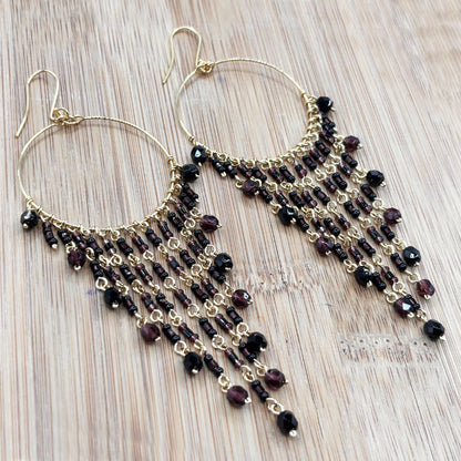 Fire Polished Beads Chandelier Hoop Earrings in Gold Tone Handmade Elegant Dangle Jewelry - MPER166