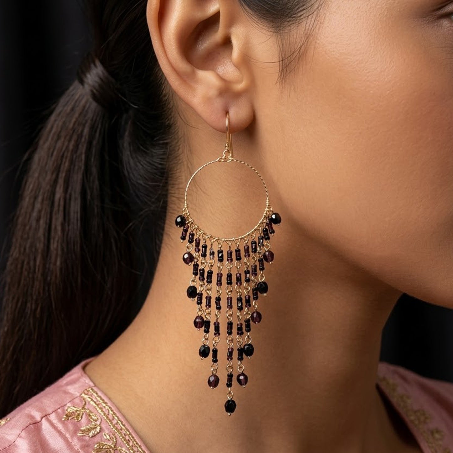 Fire Polished Beads Chandelier Hoop Earrings in Gold Tone Handmade Elegant Dangle Jewelry - MPER166