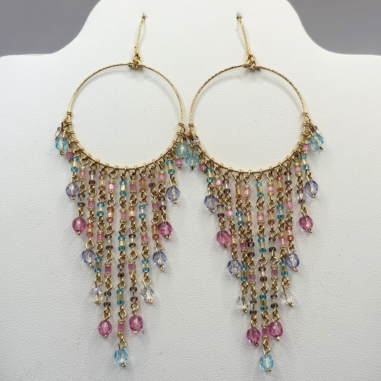 Gold Tone Hoop Chandelier Earrings with Multicolor Fire Polished Beads Hypoallergenic Stainless Steel