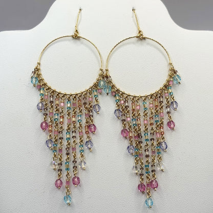 Gold Tone Hoop Chandelier Earrings with Multicolor Fire Polished Beads Hypoallergenic Stainless Steel