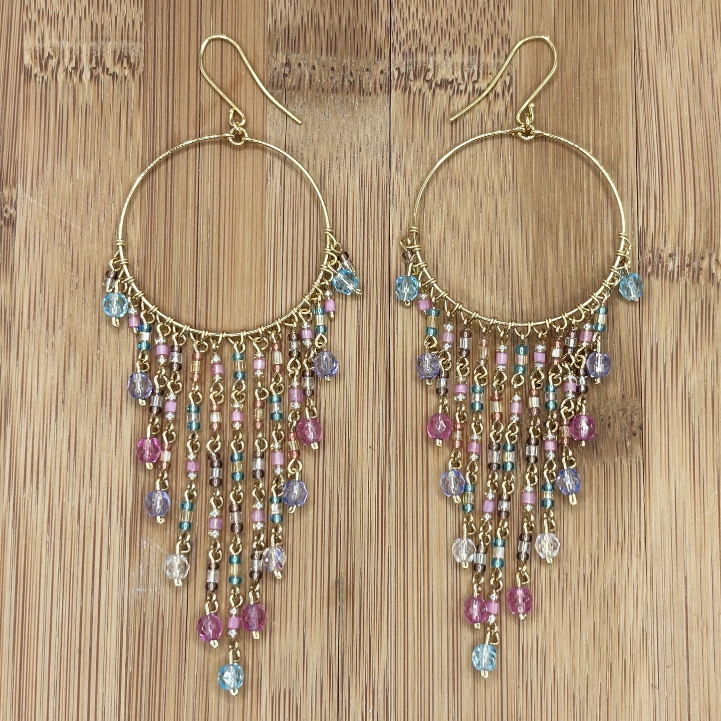Gold Tone Hoop Chandelier Earrings with Multicolor Fire Polished Beads Hypoallergenic Stainless Steel