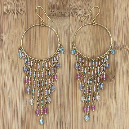 Gold Tone Hoop Chandelier Earrings with Multicolor Fire Polished Beads Hypoallergenic Stainless Steel