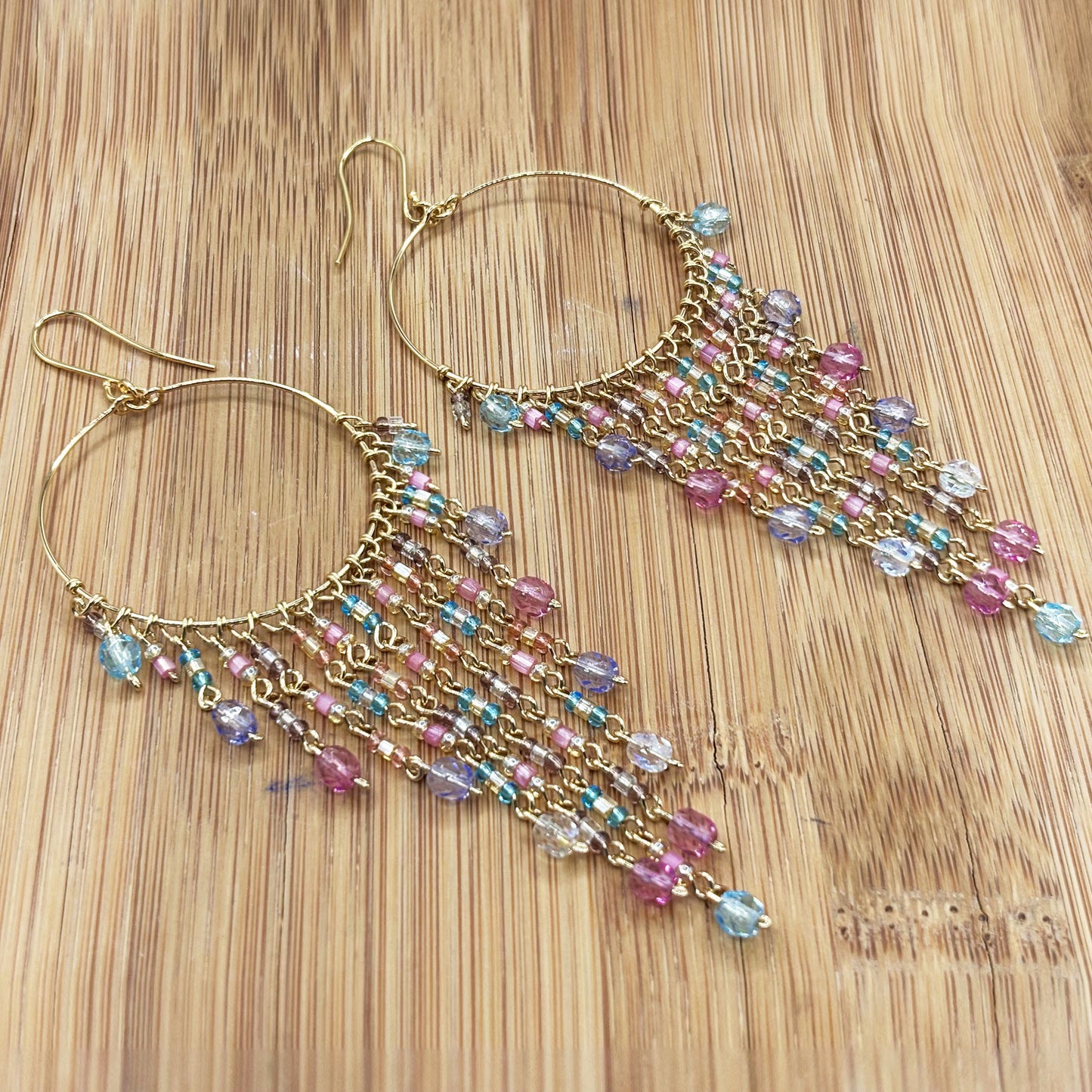 Gold Tone Hoop Chandelier Earrings with Multicolor Fire Polished Beads Hypoallergenic Stainless Steel