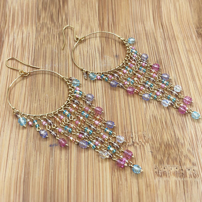 Gold Tone Hoop Chandelier Earrings with Multicolor Fire Polished Beads Hypoallergenic Stainless Steel