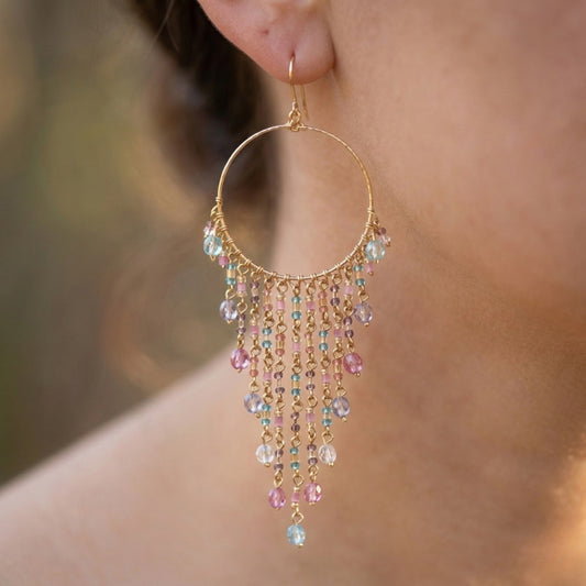 Gold Tone Hoop Chandelier Earrings with Multicolor Fire Polished Beads Hypoallergenic Stainless Steel