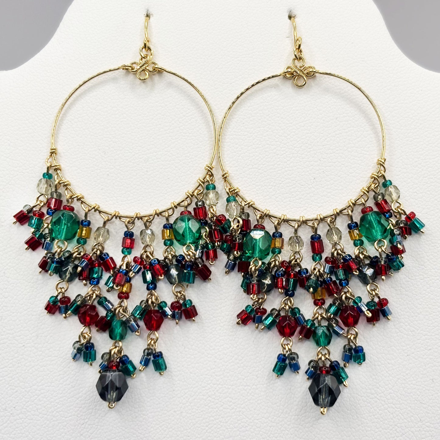 Gold Tone Hoop Chandelier Earrings with Multicolor Fire Polished Beads Hypoallergenic Stainless Steel