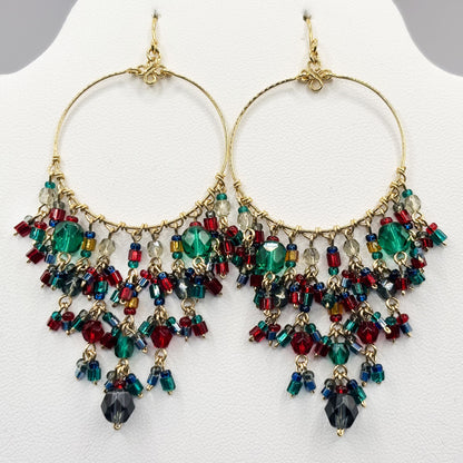 Gold Tone Hoop Chandelier Earrings with Multicolor Fire Polished Beads Hypoallergenic Stainless Steel