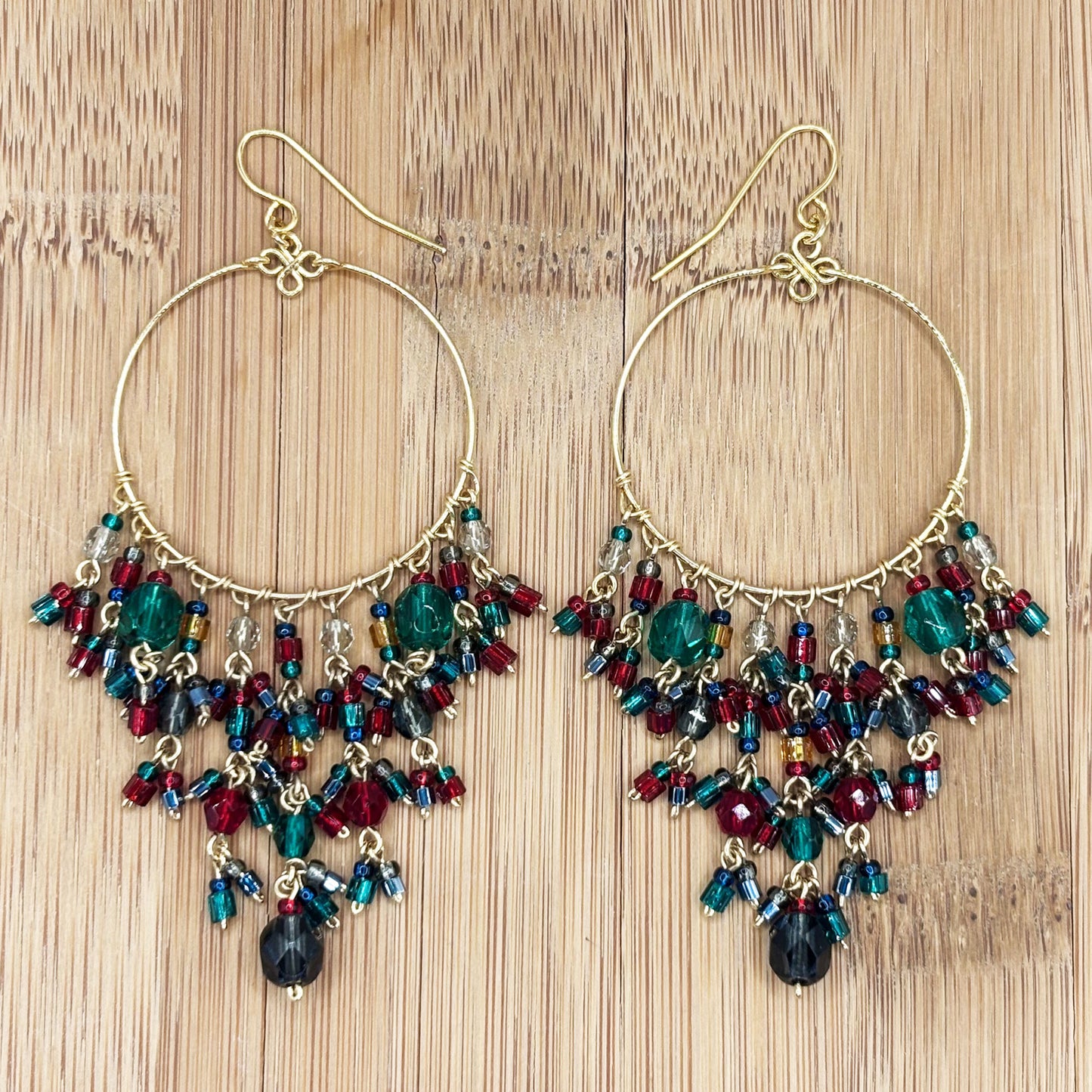 Gold Tone Hoop Chandelier Earrings with Multicolor Fire Polished Beads Hypoallergenic Stainless Steel