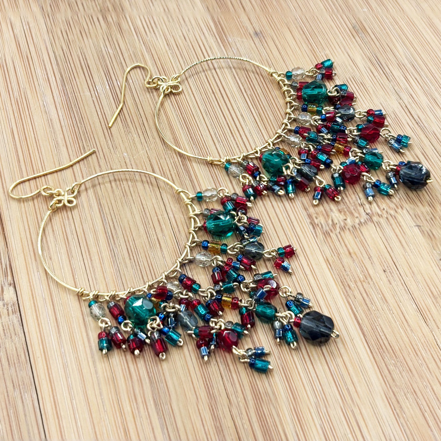 Gold Tone Hoop Chandelier Earrings with Multicolor Fire Polished Beads Hypoallergenic Stainless Steel
