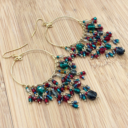 Gold Tone Hoop Chandelier Earrings with Multicolor Fire Polished Beads Hypoallergenic Stainless Steel
