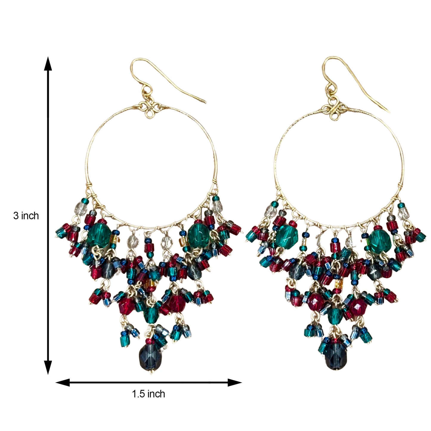 Gold Tone Hoop Chandelier Earrings with Multicolor Fire Polished Beads Hypoallergenic Stainless Steel