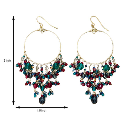 Gold Tone Hoop Chandelier Earrings with Multicolor Fire Polished Beads Hypoallergenic Stainless Steel