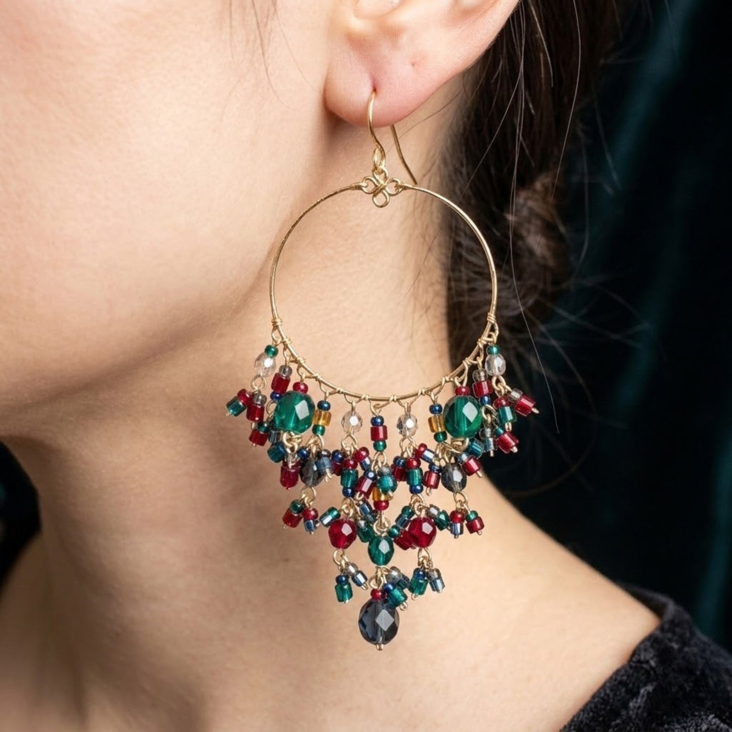 Gold Tone Hoop Chandelier Earrings with Multicolor Fire Polished Beads Hypoallergenic Stainless Steel