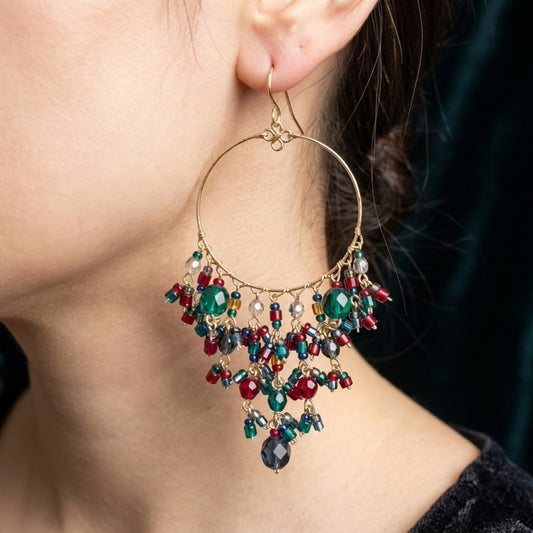 Gold Tone Hoop Chandelier Earrings with Multicolor Fire Polished Beads Hypoallergenic Stainless Steel