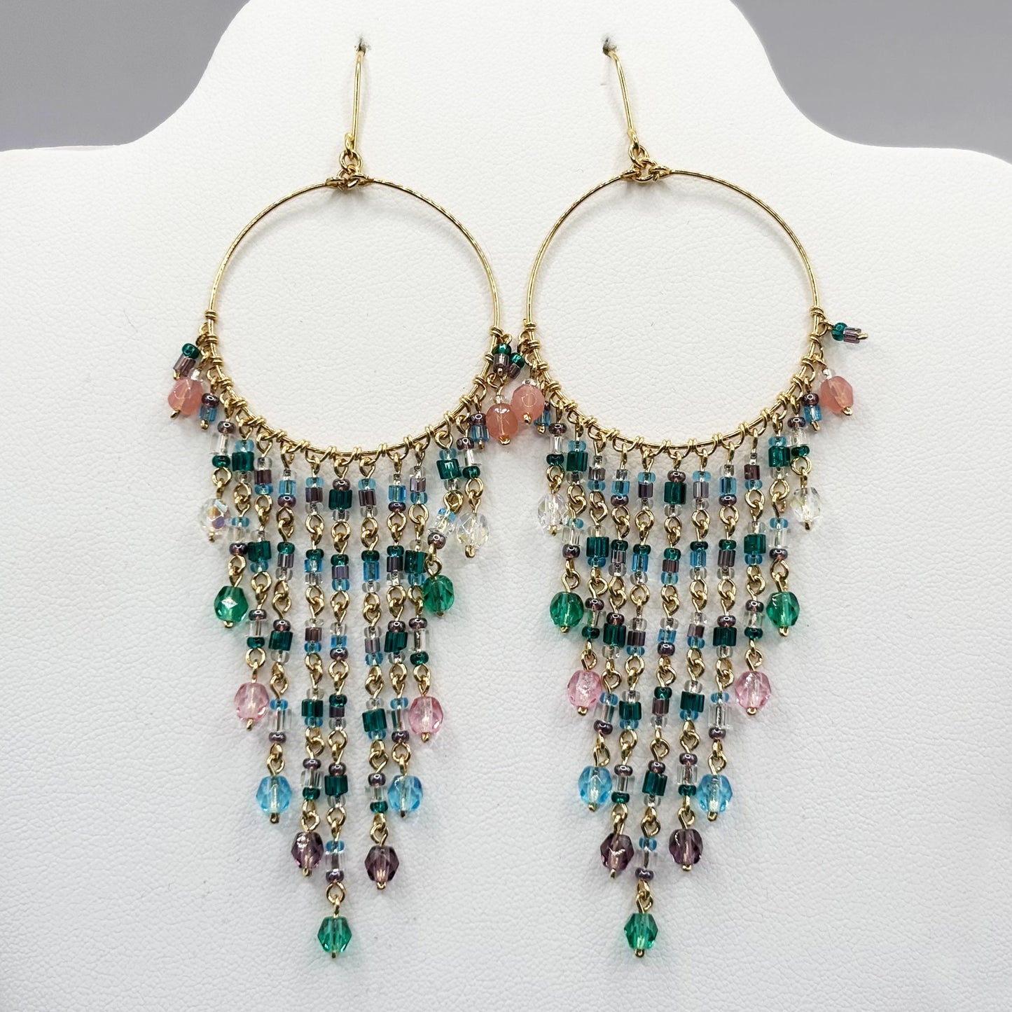 Gold Tone Hoop Chandelier Earrings with Multicolor Fire Polished Beads Hypoallergenic Stainless Steel Hooks