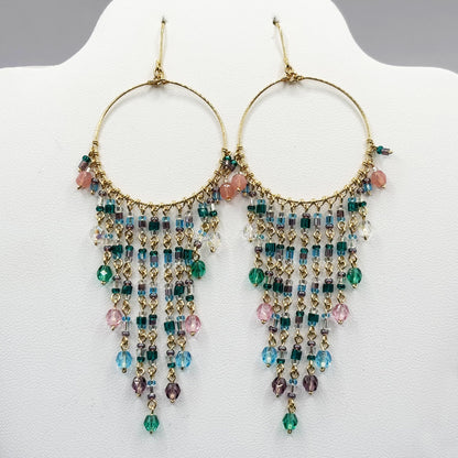 Gold Tone Hoop Chandelier Earrings with Multicolor Fire Polished Beads Hypoallergenic Stainless Steel Hooks