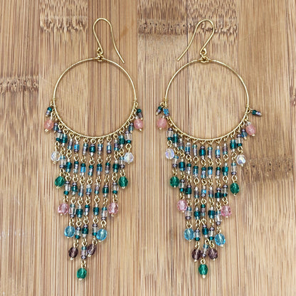 Gold Tone Hoop Chandelier Earrings with Multicolor Fire Polished Beads Hypoallergenic Stainless Steel Hooks