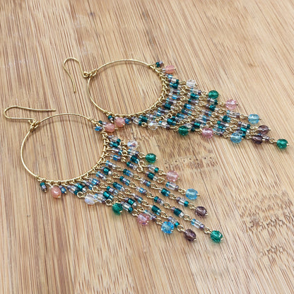 Gold Tone Hoop Chandelier Earrings with Multicolor Fire Polished Beads Hypoallergenic Stainless Steel Hooks