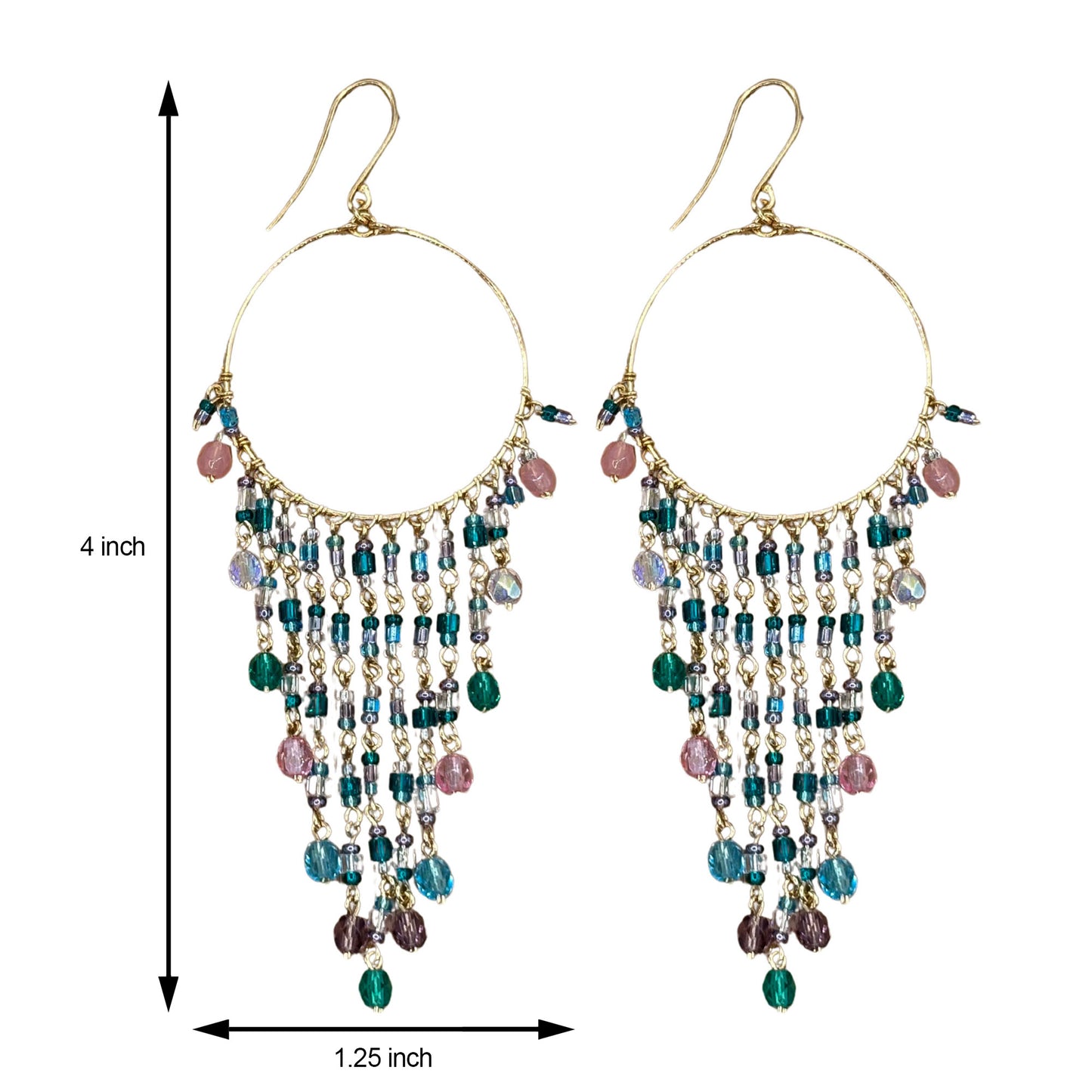 Gold Tone Hoop Chandelier Earrings with Multicolor Fire Polished Beads Hypoallergenic Stainless Steel Hooks