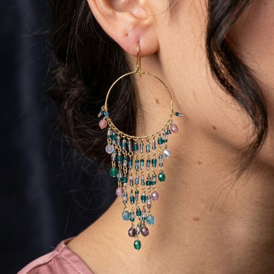 Gold Tone Hoop Chandelier Earrings with Multicolor Fire Polished Beads Hypoallergenic Stainless Steel Hooks