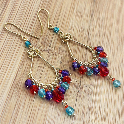 Gold Tone Chandelier Drop Earrings with Multicolor Fire Polished Beads Hypoallergenic Stainless Steel Hooks