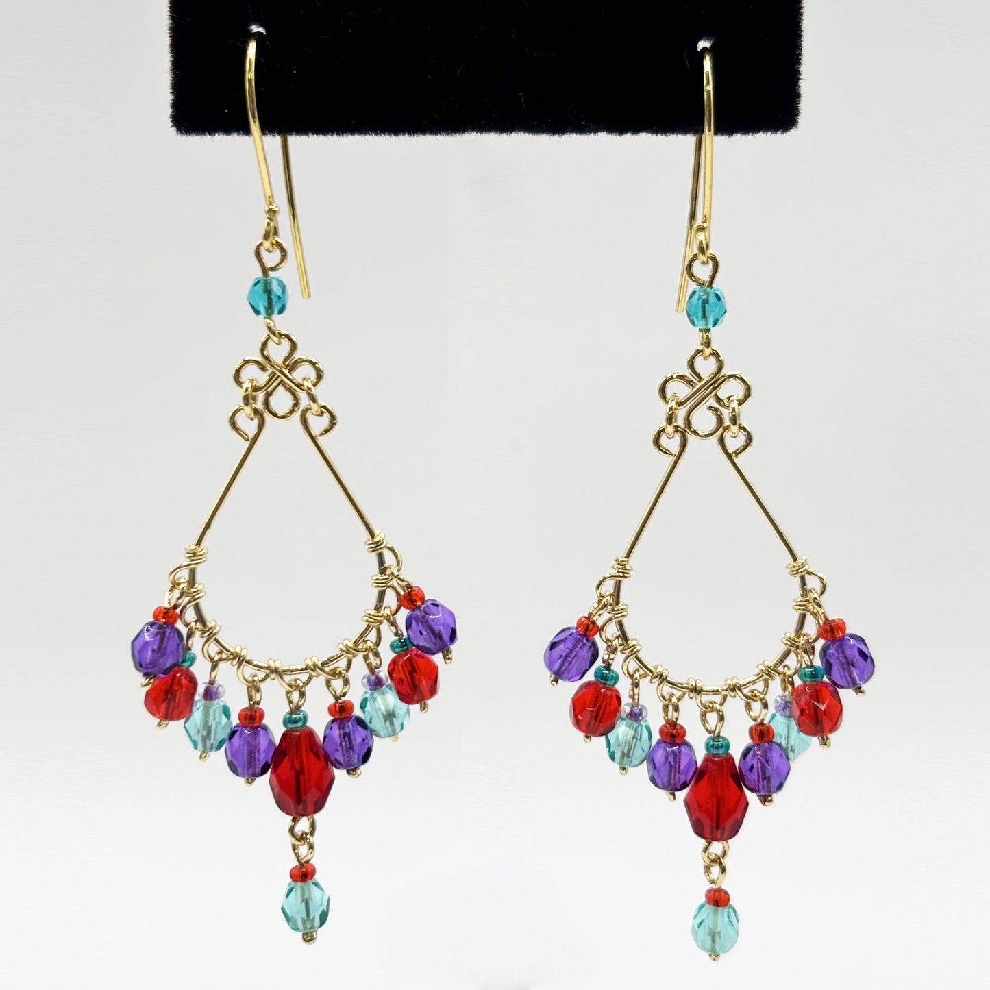 Gold Tone Chandelier Drop Earrings with Multicolor Fire Polished Beads Hypoallergenic Stainless Steel Hooks