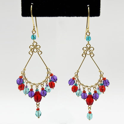 Gold Tone Chandelier Drop Earrings with Multicolor Fire Polished Beads Hypoallergenic Stainless Steel Hooks