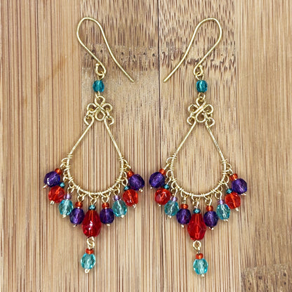Gold Tone Chandelier Drop Earrings with Multicolor Fire Polished Beads Hypoallergenic Stainless Steel Hooks