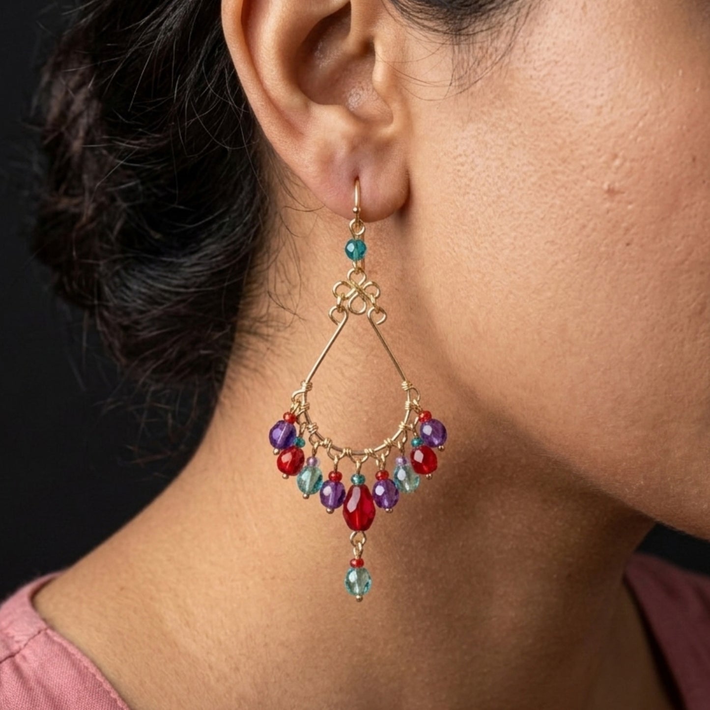 Gold Tone Chandelier Drop Earrings with Multicolor Fire Polished Beads Hypoallergenic Stainless Steel Hooks